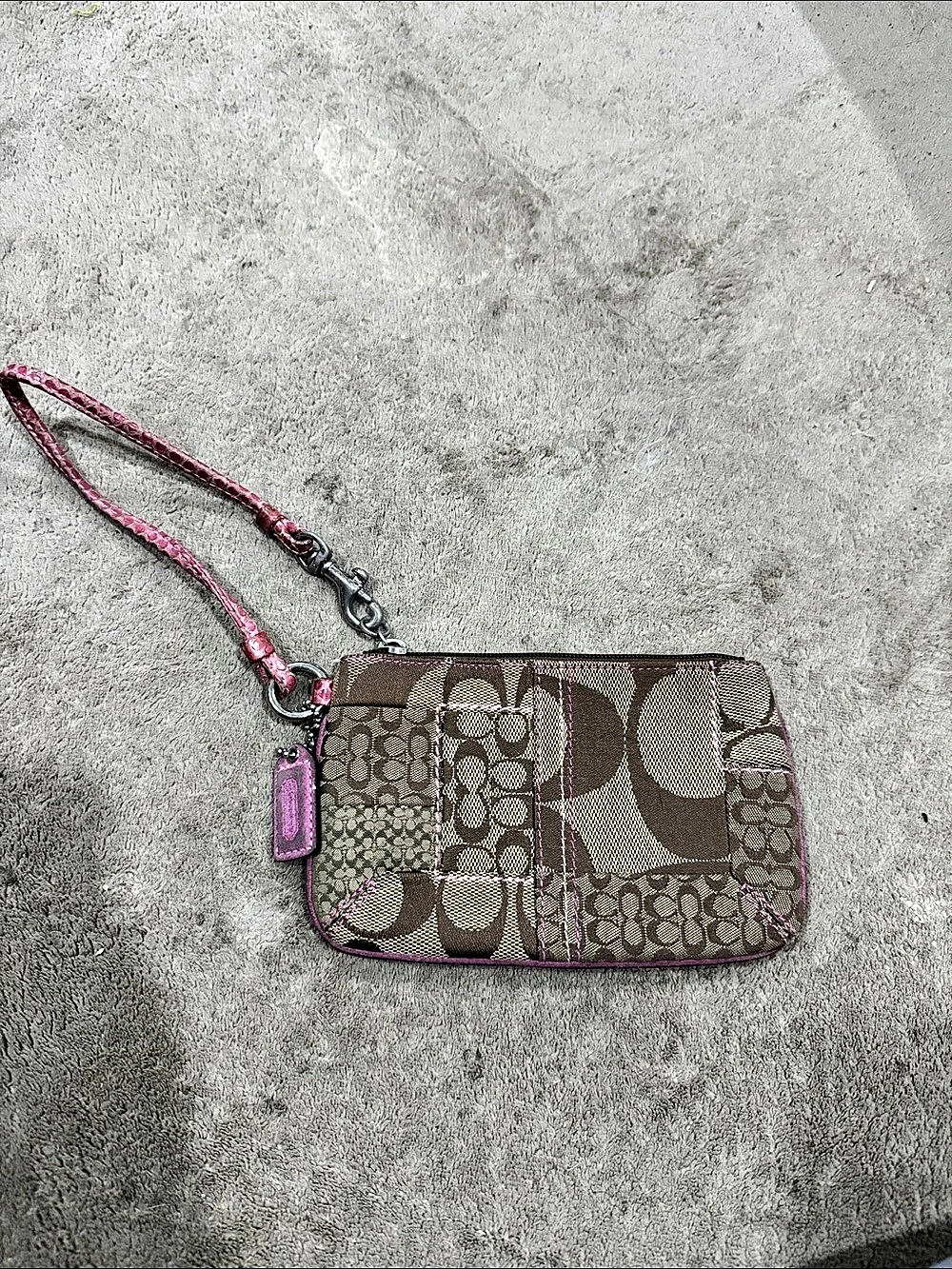 Coach Signature Patchwork Wristlet in Brown & Pink